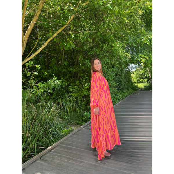 robe-longue-motif-zébré-bi-color-orange-rose