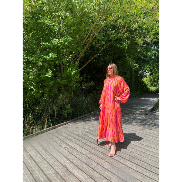robe-longue-motif-zébré-bi-color-orange-rose